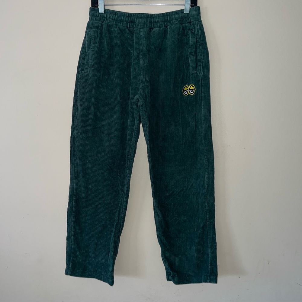 Krooked Baggy Fit Elastic Waist Corduroy Pants Dark Green Embroidered medium